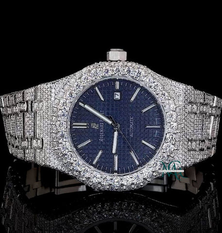 Iced Out Moissanite Diamond Blue Dial Automatic Wrist Watch
