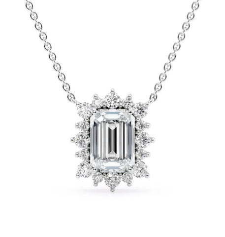 Emerald Cut Moissanite Sunflower Halo Pendant