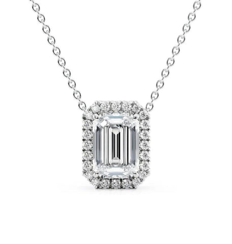 Emerald Cut Moissanite Halo Pendant For Women