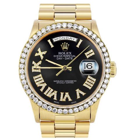 Round Cut Black Dial Moissanite Daydate Wrist Watch