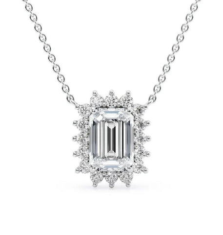 Emerald Cut Moissanite Halo Pendant For Women