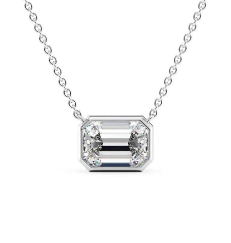 East To West Emerald Cut Moissanite Bezel Set Pendant