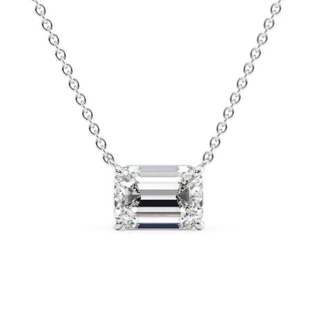 East To West Emerald Cut Moissanite Solitaire Pendant