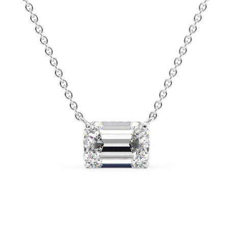 East To West Emerald Cut Moissanite Hidden Halo Pendant