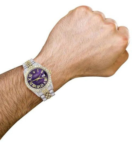 Iced Out Moissanite Dual Tone Purple Dial Wrist Watch