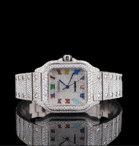 Iced Out Moissanite Diamond Rainbow Numeral Watch