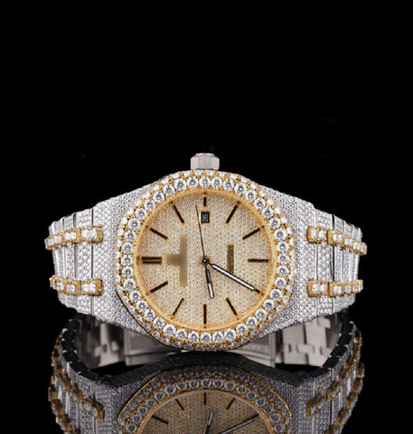 Dual Tone Moissanite Diamond Iced Out Wrist Watch For Men's