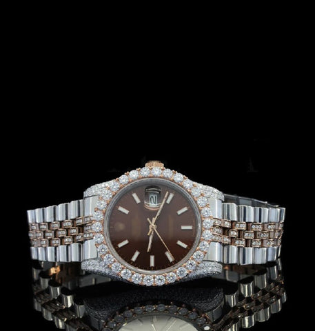 Iced Out Moissanite Diamond Brown Dial Dual Tone Wrist Watch