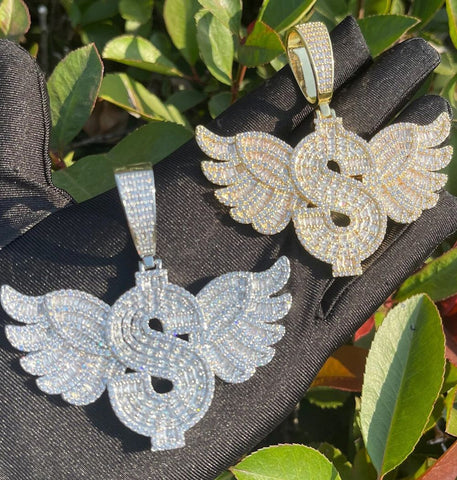 Moissanite Dollar Sign Hip Hop Pendants with Wings