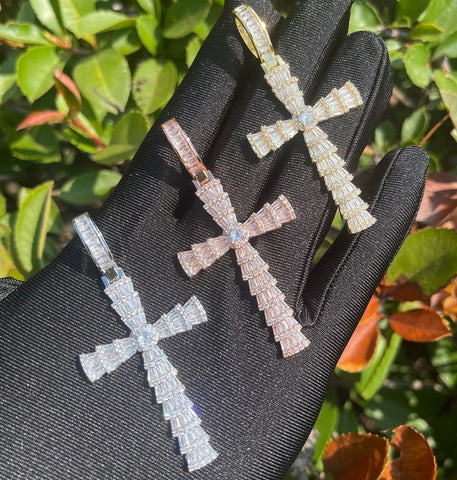 Baguette Cut Moissanite Cross Rapper Style Pendant