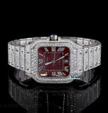 Iced Out Moissanite Diamond Maroon Color Dial Watch