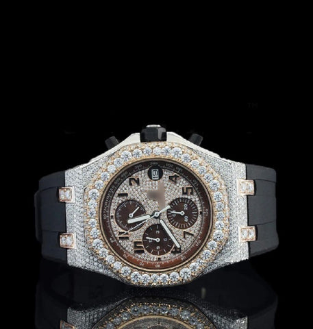 Dual Tone Moissanite Iced Out Rubber Belt Watch