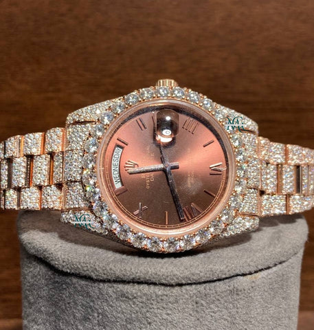Rose Tone Brown Dial Fully Bling Moissanite Diamond Men's Watch Gift For Him