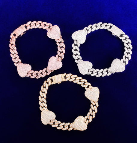 Moissanite Iced Out Heart With Cuban Link Hip Hop Bracelet