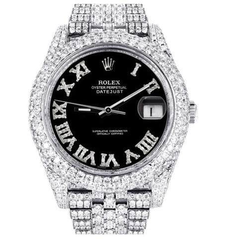 Roman Numeral Black Dial Moissanite Diamond Watch