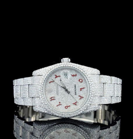 Red Arabic Dial Iced Out Moissanite Diamond Watch For Men's