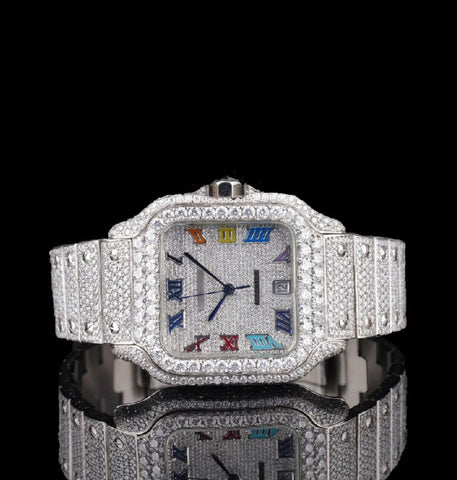 Rainbow Roman Numeral Iced Out Moissanite Wrist Watch