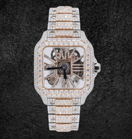 Dual Tone Iced Out Moissanite Diamond Skeleton Watch