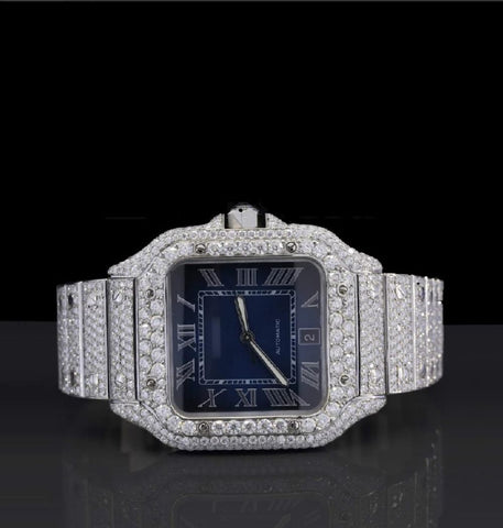 Blue Dial Iced Out Moissanite Diamond Stylish Watch Gift