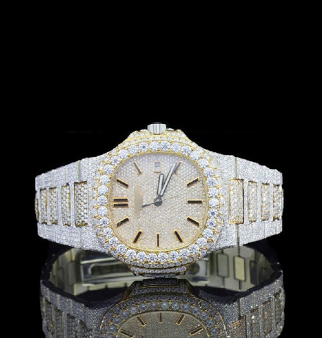 Stylish Iced Out Moissanite Diamond Dual Tone Wrist Watch