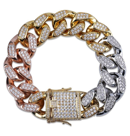 Moissanite Iced Out Three Tone Cuban Link Hip Hop Bracelet