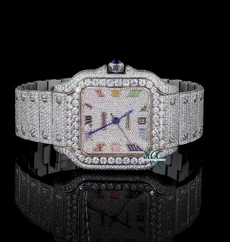 Rainbow Numeral Iced Out Moissanite Formal Style Wrist Watch