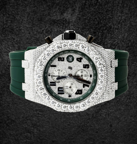Iced Out Moissanite Green Rubber Strap Wrist Watch