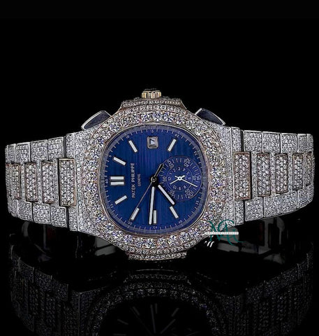 Dual Tone Blue Dial Iced Out Moissanite Diamond Watch