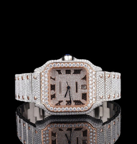 Dual Tone Moissanite Iced Out Roman Numeral Watch