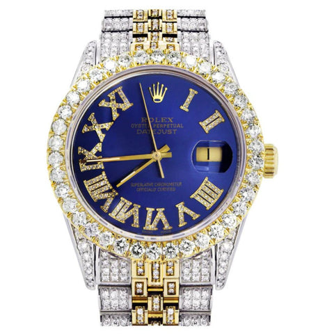 Elegant Moissanite Dual Tone Iced Out Blue Dial Watch