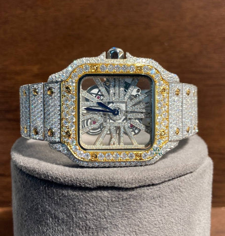 Skeleton Dual Tone Iced Out Moissanite Wrist Watch