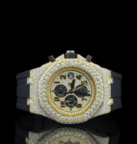 Iced Out Moissanite Diamond Black Rubber Strap Watch