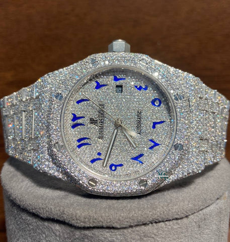 Blue Arabic Numerical Moissanite Iced Out Hip Hop Wrist Watch Gift For Him