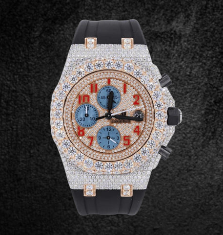 Dual Tone Moissanite Rubber Strap Chronograph Watch