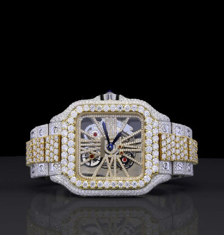 Skeleton Iced Out Moissanite Diamond Dual Tone Watch