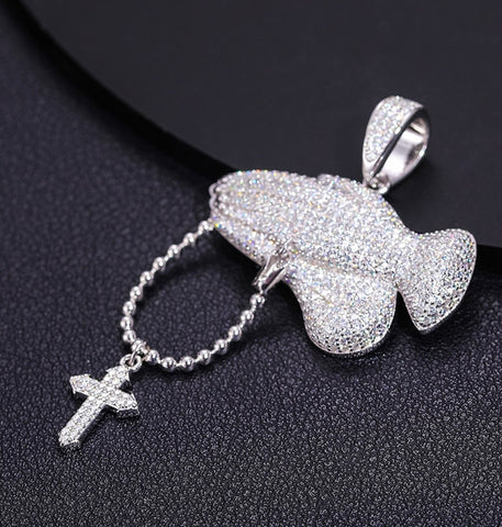 Moissanite Iced Out Praying Hands With Cross Pendant