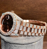 Rose Tone Brown Dial Fully Bling Moissanite Diamond Men's Watch Gift For Him