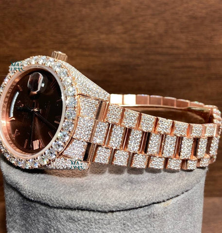 Rose Tone Brown Dial Fully Bling Moissanite Diamond Men's Watch Gift For Him