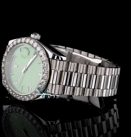 Day Date Green Dial Moissanite Diamond Wrist Watch