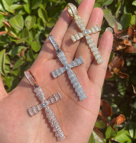 Baguette Cut Moissanite Cross Rapper Style Pendant