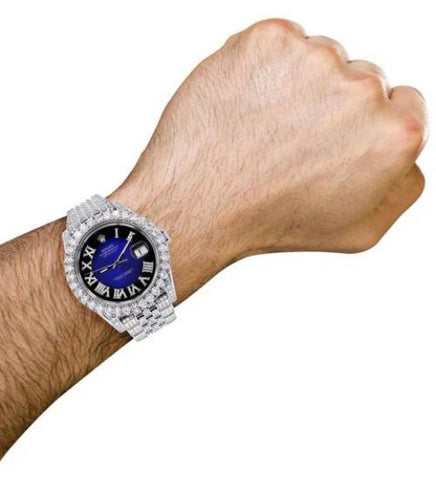 Amazing Blue Dial Iced Out Moissanite Watch For Men's