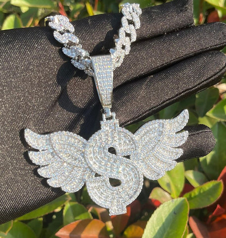 Moissanite Dollar Sign Hip Hop Pendants with Wings