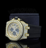 Iced Out Moissanite Diamond Black Rubber Strap Watch