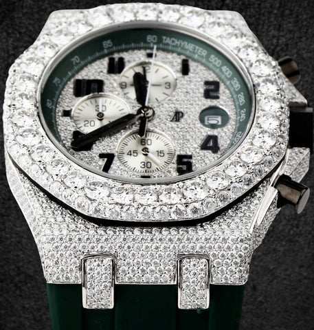 Iced Out Moissanite Green Rubber Strap Wrist Watch