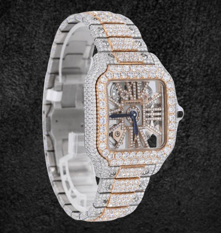 Dual Tone Iced Out Moissanite Diamond Skeleton Watch