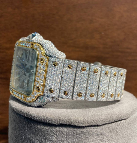 Skeleton Dual Tone Iced Out Moissanite Wrist Watch