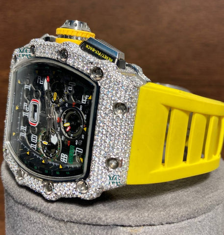 Rubber Strap Iced Out Moissanite Wrist Watch For Him