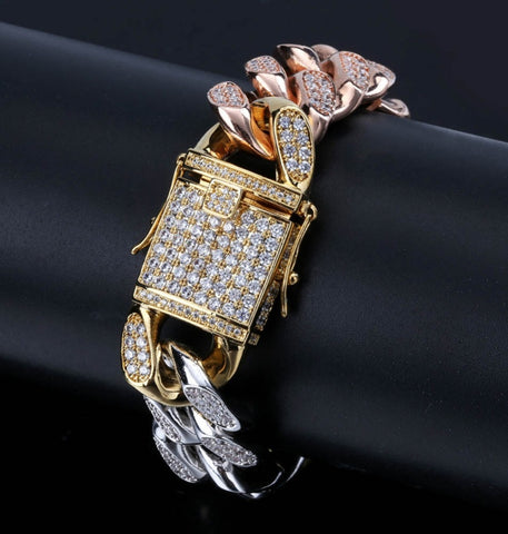 Moissanite Iced Out Three Tone Cuban Link Hip Hop Bracelet