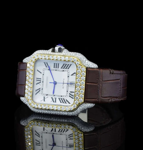 Fabulous Leather Belt Iced Out Moissanite Casual Wear Watch