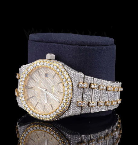 Dual Tone Moissanite Diamond Iced Out Wrist Watch For Men's